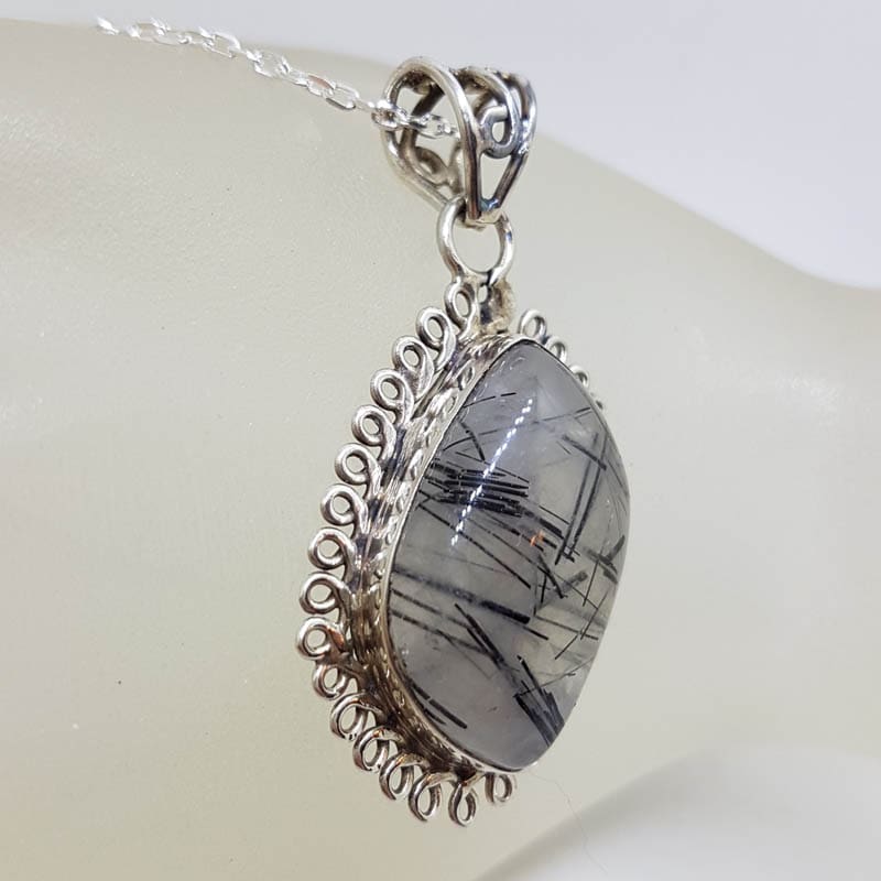 Sterling Silver Tourmalinated / Tourmaline Quartz Large Unusual Shape Ornate Twist Pendant on Silver Chain