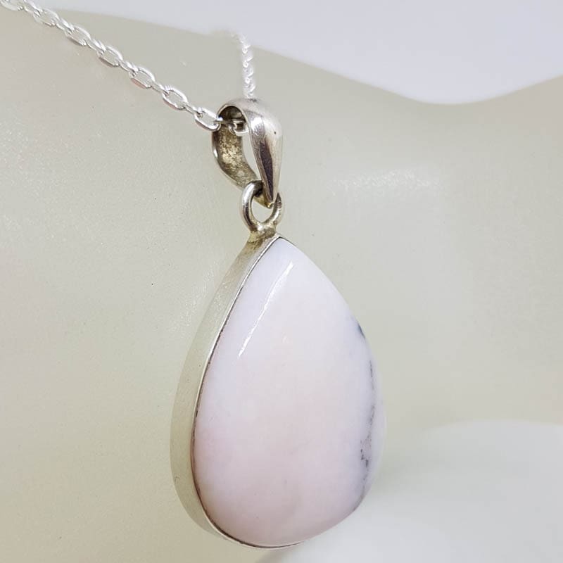 Sterling Silver Pink Opal Bezel Set Teardrop / Pear Shape Pendant on Silver Chain