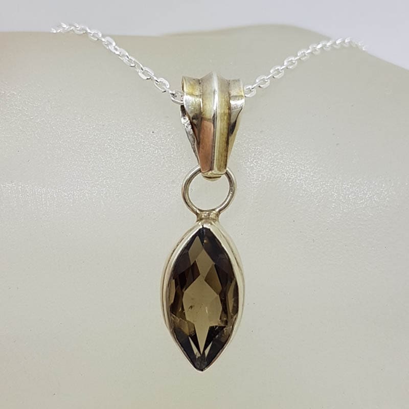 Sterling Silver Smokey Quartz Marquis Shape Pendant on Silver Chain