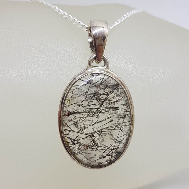 Sterling Silver Tourmalinated / Tourmaline Quartz Oval Pendant on Silver Chain