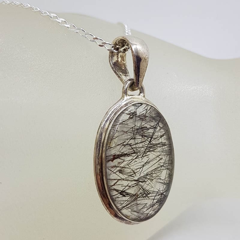 Sterling Silver Tourmalinated / Tourmaline Quartz Oval Pendant on Silver Chain