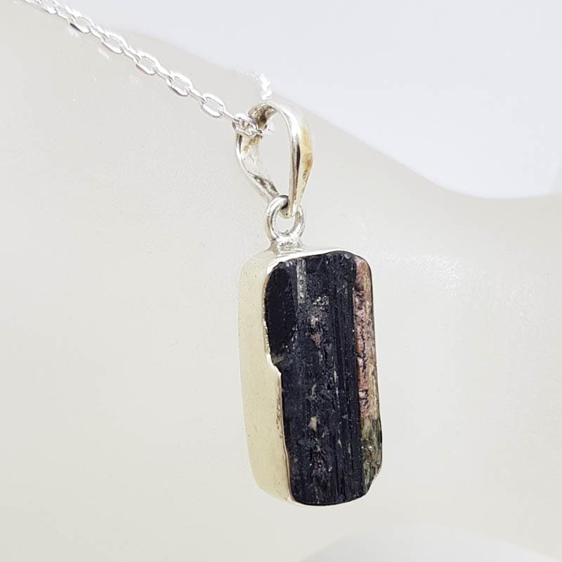 Sterling Silver Black Tourmaline Rectangular Pendant on Silver Chain