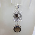 Sterling Silver Smokey Quartz Oval Drop on Square Pendant on Silver Chain