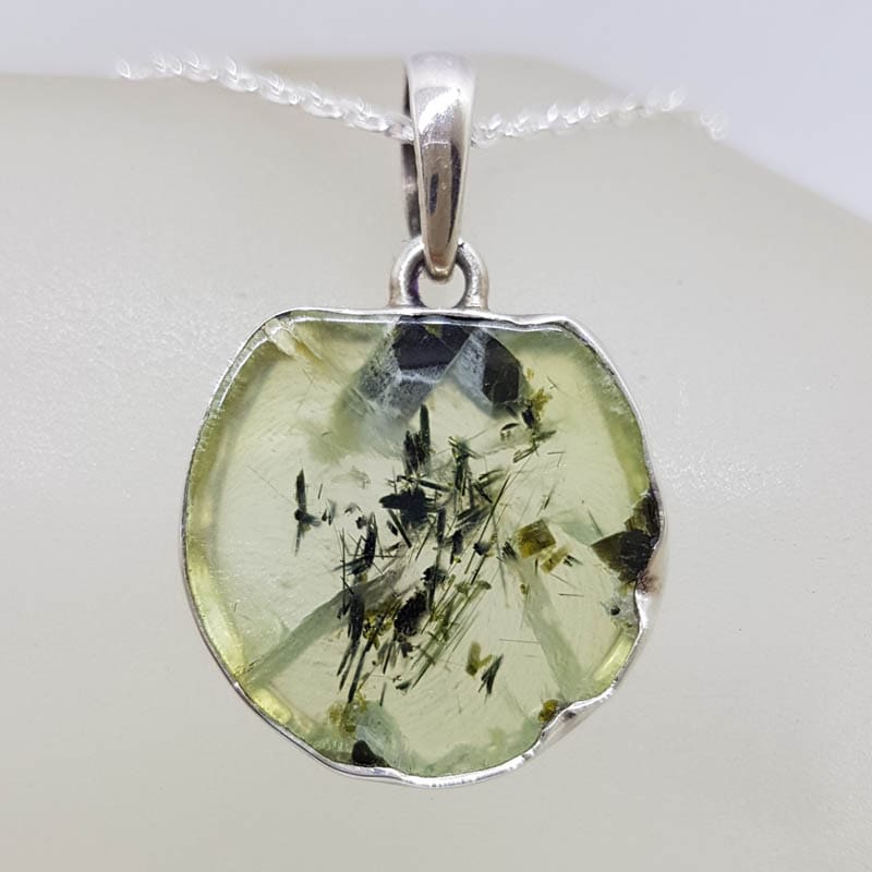 Sterling Silver Prehnite Slice Round Pendant on Silver Chain