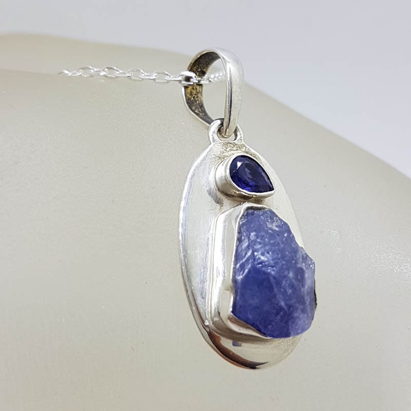 Sterling Silver Tanzanite Natural Cut Freeform Shape and Faceted on Oval Disc Pendant on Silver Chain