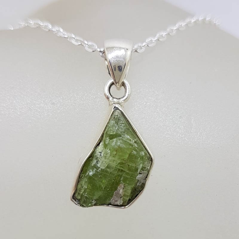 Sterling Silver Green Tourmaline in Rough Natural Form Pendant on Silver Chain