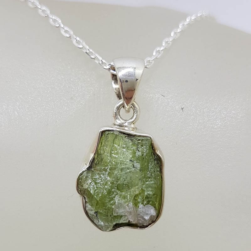 Sterling Silver Green Tourmaline in Rough Natural Form Pendant on Silver Chain