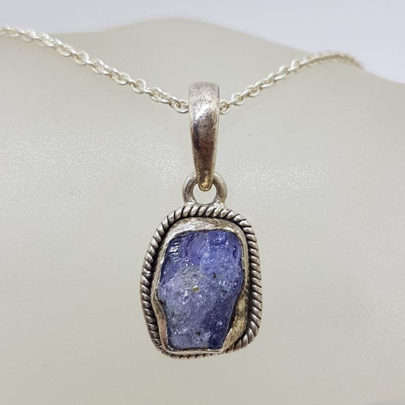 Sterling Silver Tanzanite Natural Cut Freeform Shape Pendant on Silver Chain