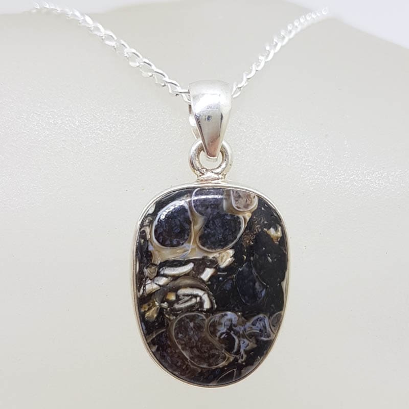 Sterling Silver Turritella Agate Oval Pendant on Silver Chain