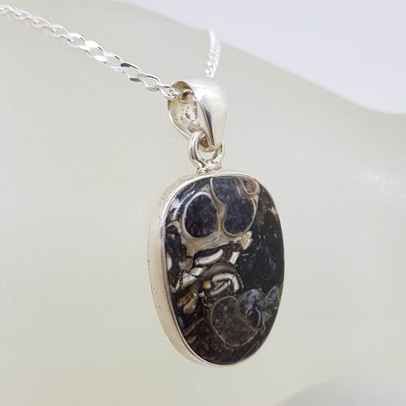 Sterling Silver Turritella Agate Oval Pendant on Silver Chain