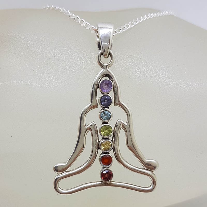 Sterling Silver Multi-Colour Gemstones Meditation Chakra Pendant on Silver Chain