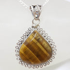 Sterling Silver Tiger Eye Cabochon Cut Teardrop / Pear Shape Twist Rim Pendant on Silver Chain
