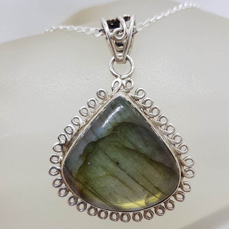 Sterling Silver Labradorite Cabochon Cut Teardrop / Pear Shape Twist Rim Pendant on Silver Chain