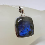 Sterling Silver Labradorite Cabochon Cut Square Pendant on Silver Chain