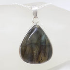 Sterling Silver Labradorite Cabochon Cut Teardrop / Pear Shape Pendant on Silver Chain