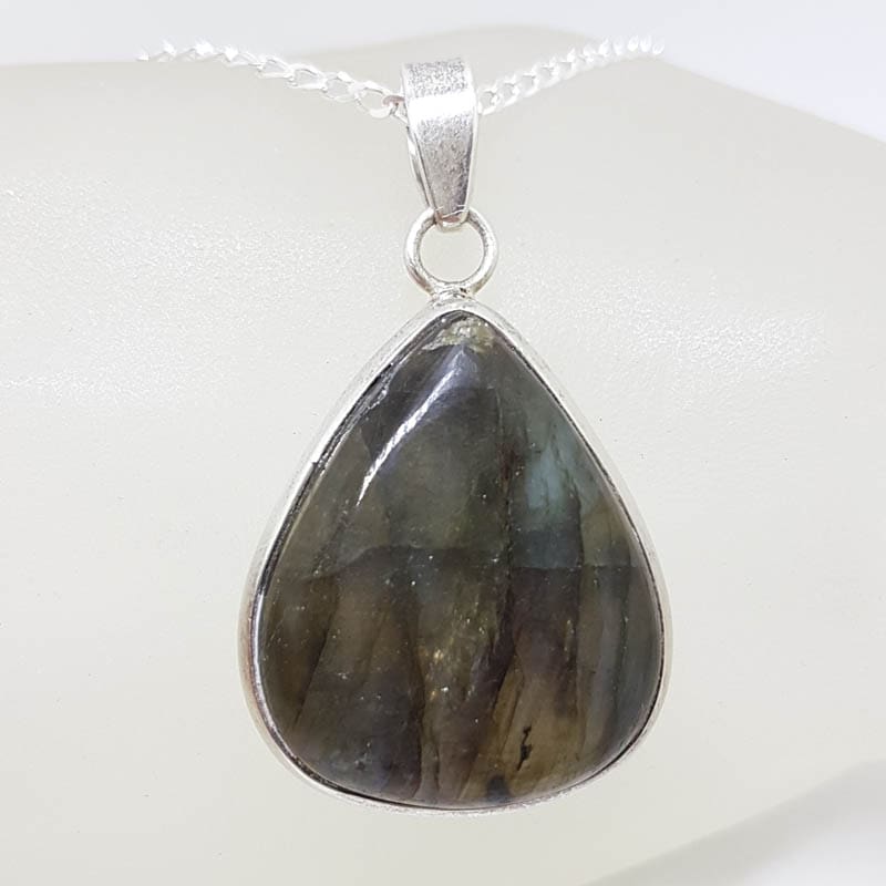 Sterling Silver Labradorite Cabochon Cut Teardrop / Pear Shape Pendant on Silver Chain