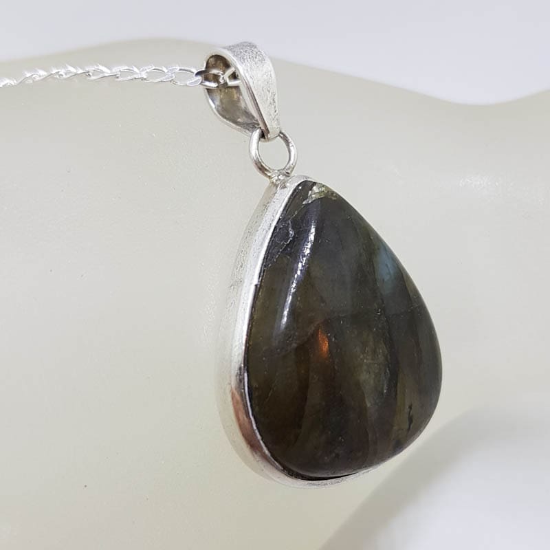 Sterling Silver Labradorite Cabochon Cut Teardrop / Pear Shape Pendant on Silver Chain