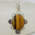 Sterling Silver Tiger Eye Large Oval Faceted and Ornate Pendant on Silver Chain