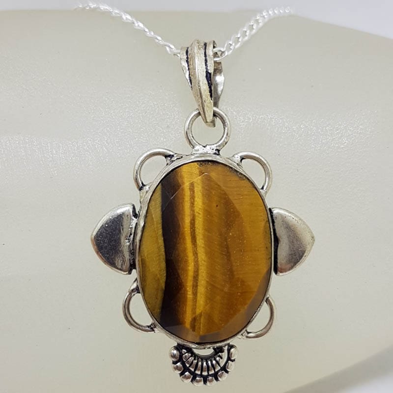 Sterling Silver Tiger Eye Large Oval Faceted and Ornate Pendant on Silver Chain