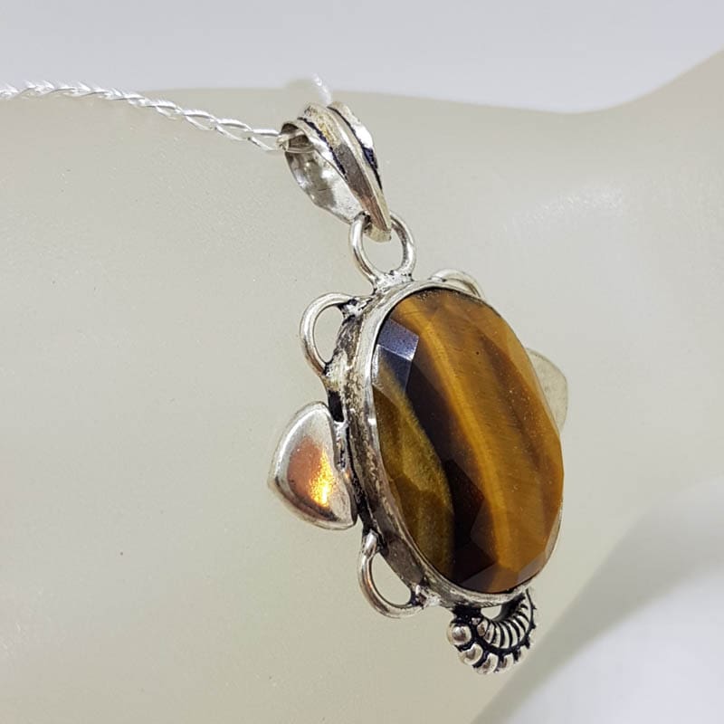 Sterling Silver Tiger Eye Large Oval Faceted and Ornate Pendant on Silver Chain