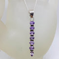 Sterling Silver Amethyst Long 7 Lucky Stones Pendant on Silver Chain
