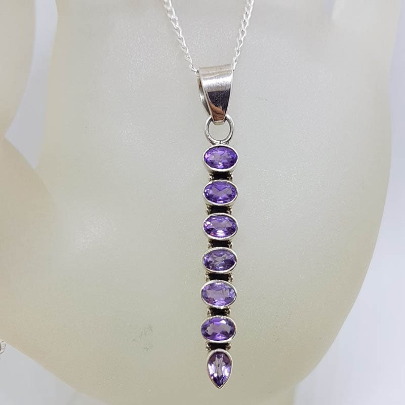 Sterling Silver Amethyst Long 7 Lucky Stones Pendant on Silver Chain