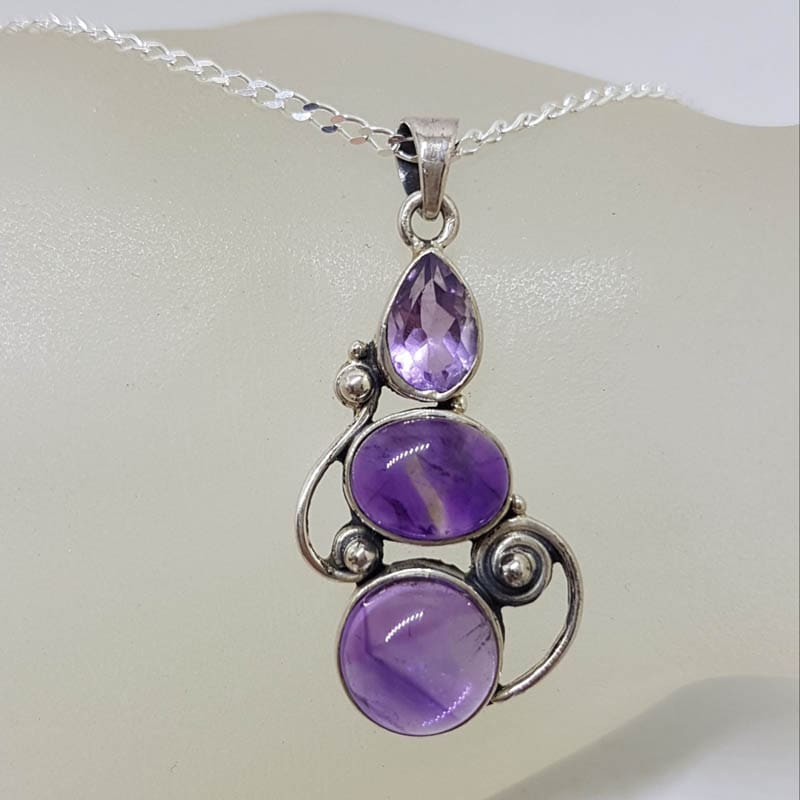 Sterling Silver Amethyst Faceted and Cabochon Cut Ornate Three Stone Pendant on Silver Chain