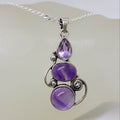 Sterling Silver Amethyst Faceted and Cabochon Cut Ornate Three Stone Pendant on Silver Chain