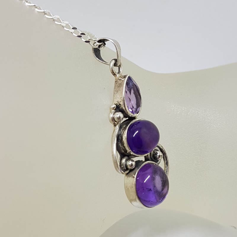 Sterling Silver Amethyst Faceted and Cabochon Cut Ornate Three Stone Pendant on Silver Chain