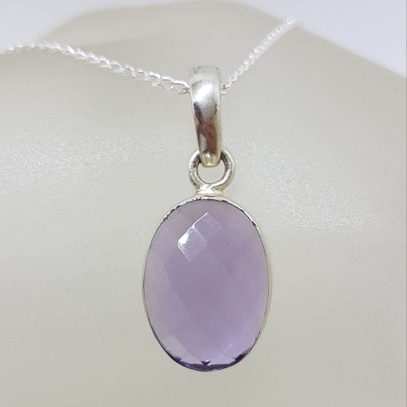 Sterling Silver Amethyst Oval Faceted Bezel Set Pendant on Silver Chain