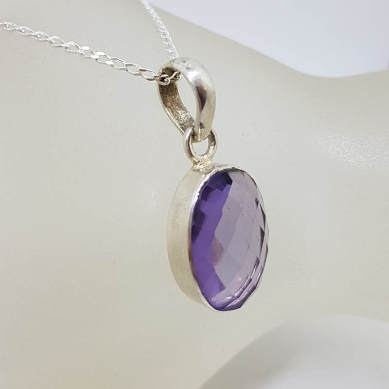 Sterling Silver Amethyst Oval Faceted Bezel Set Pendant on Silver Chain