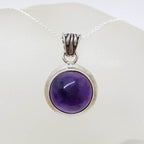 Sterling Silver Amethyst Round Cabochon Cut Bezel Set Pendant on Silver Chain