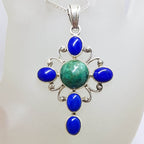 Sterling Silver Lapis Lazuli and Natural Turquoise Ornate Cross Pendant on Silver Chain
