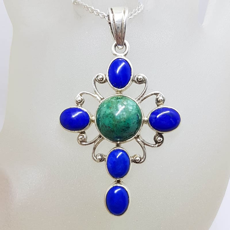 Sterling Silver Lapis Lazuli and Natural Turquoise Ornate Cross Pendant on Silver Chain