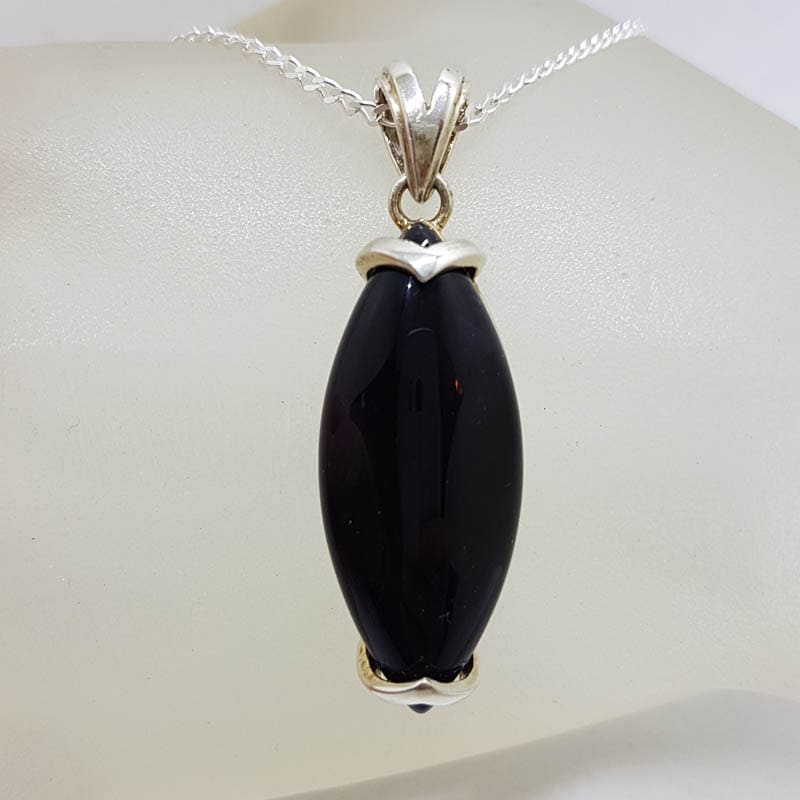 Sterling Silver Black Onyx Long Oval Pendant on Silver Chain