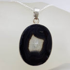 Sterling Silver Black Banded Druzy Agate Large Oval Pendant on Silver Chain