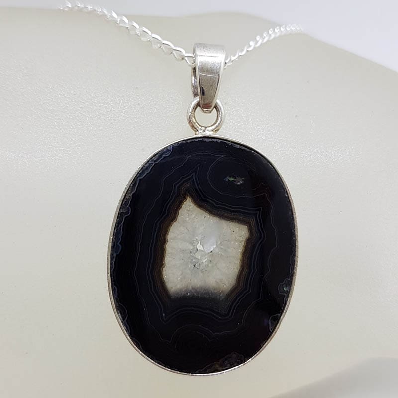 Sterling Silver Black Banded Druzy Agate Large Oval Pendant on Silver Chain