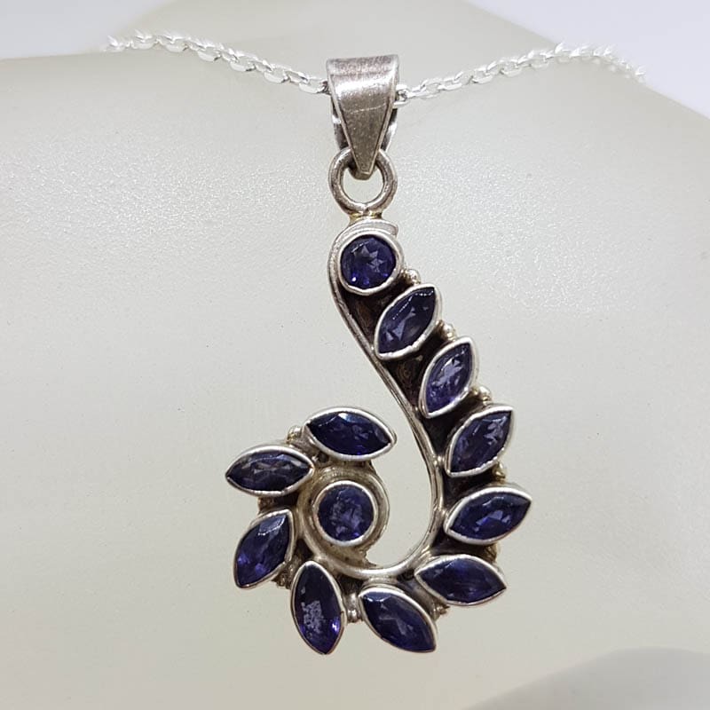 Sterling Silver Iolite Cluster Long Swirl Design Pendant on Silver Chain
