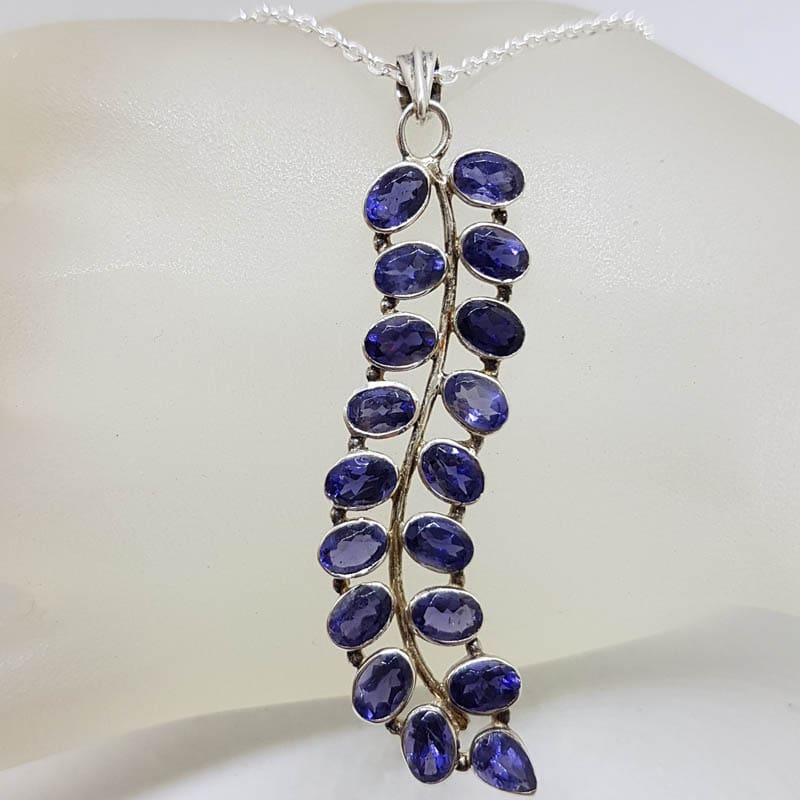 Sterling Silver Iolite Cluster Long Leaf Design Pendant on Silver Chain