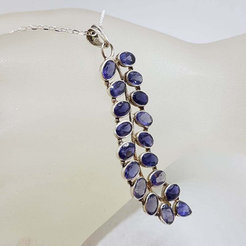 Sterling Silver Iolite Cluster Long Leaf Design Pendant on Silver Chain