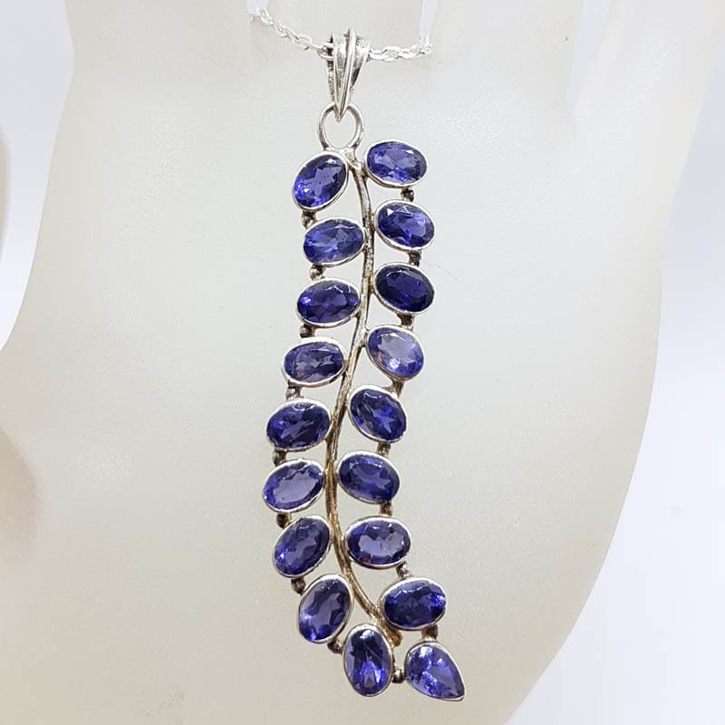 Sterling Silver Iolite Cluster Long Leaf Design Pendant on Silver Chain