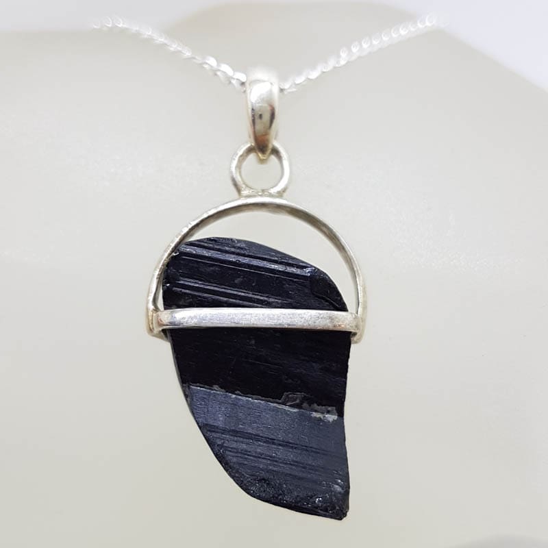 Sterling Silver Black Tourmaline Freeform Shape Pendant on Silver Chain