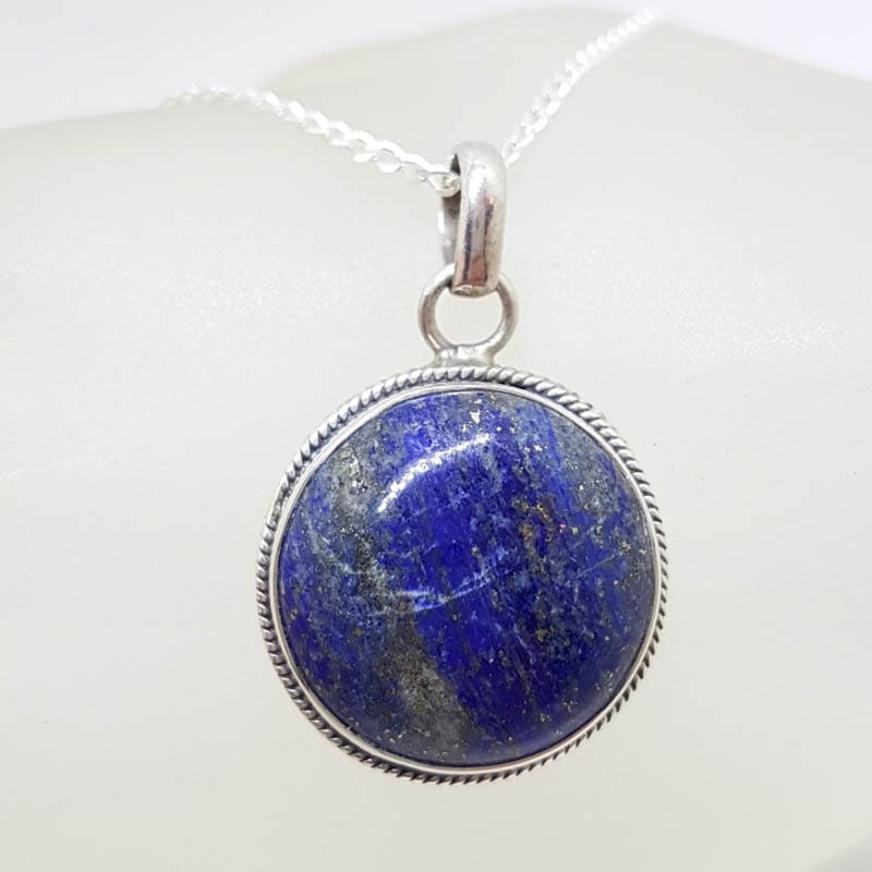 Sterling Silver Lapis Lazuli Round with Patterned Rim Pendant on Silver Chain