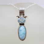 Sterling Silver Larimar &amp; Topaz Oval Bezel Set Pendant on Silver Chain