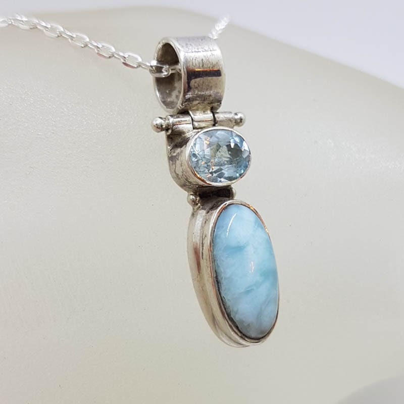 Sterling Silver Larimar &amp; Topaz Oval Bezel Set Pendant on Silver Chain