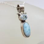 Sterling Silver Larimar &amp; Topaz Oval Bezel Set Pendant on Silver Chain