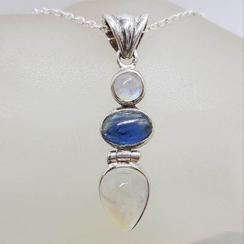 Sterling Silver Moonstone &amp; Apatite Long Drop  Pendant on Silver Chain