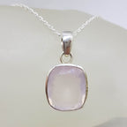 Sterling Silver Rose Quartz Faceted Bezel Set Rectangular Pendant on Silver Chain