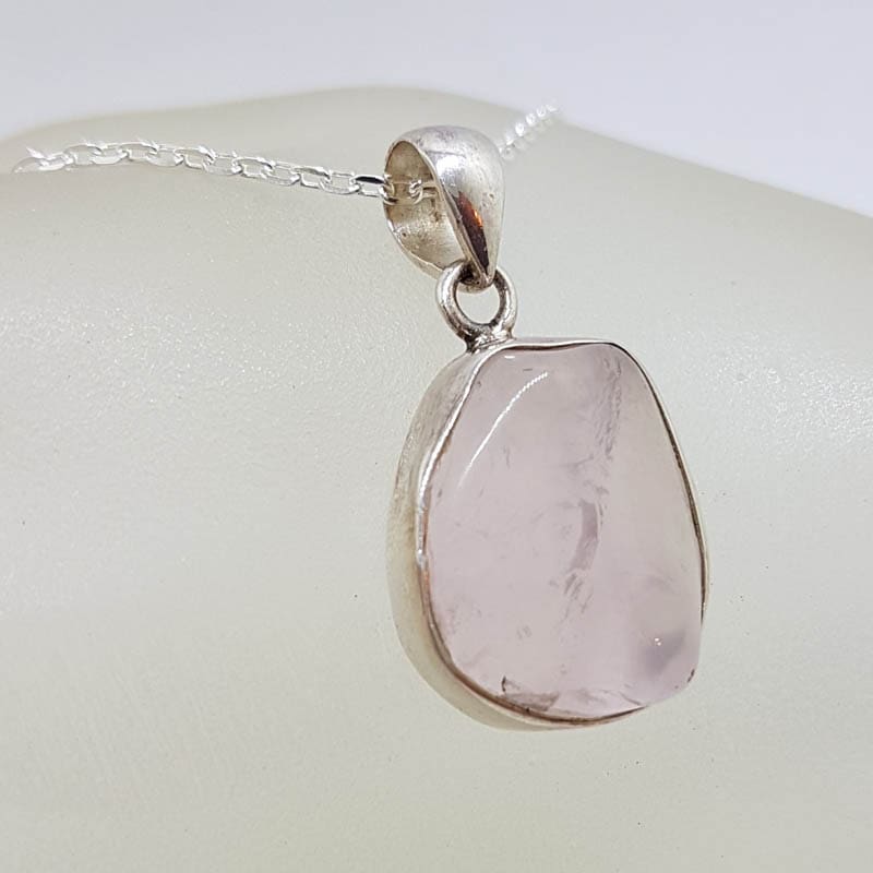 Sterling Silver Rose Quartz Bezel Set Unusual Freeform Shape Pendant on Silver Chain
