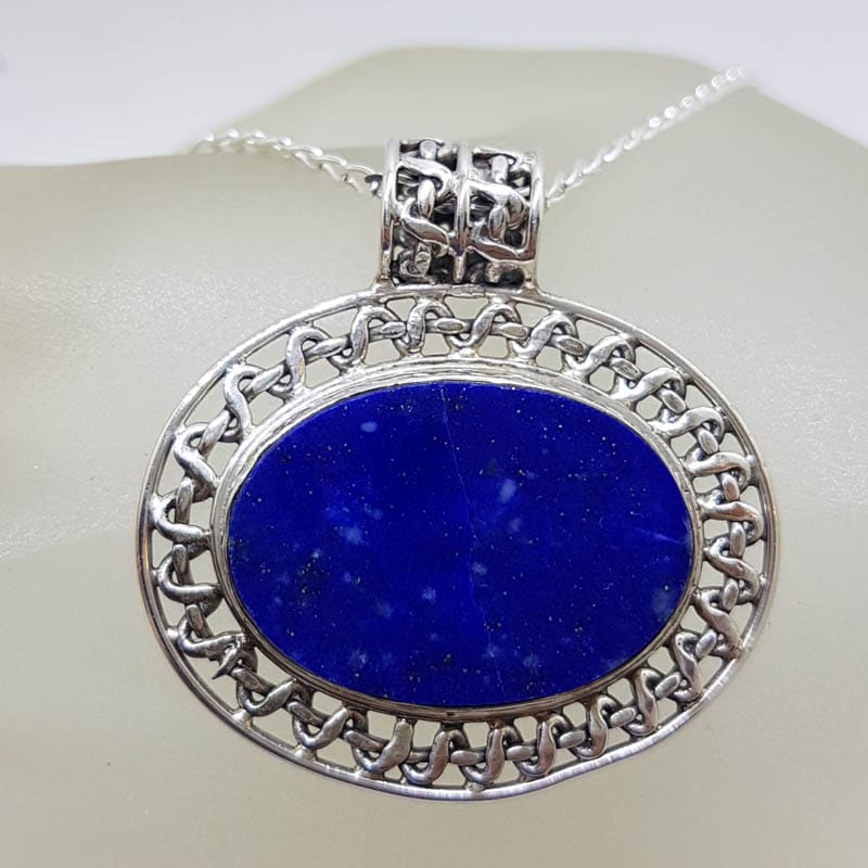 Sterling Silver Lapis Lazuli Large Oval with Ornate Rim Pendant on Silver Chain